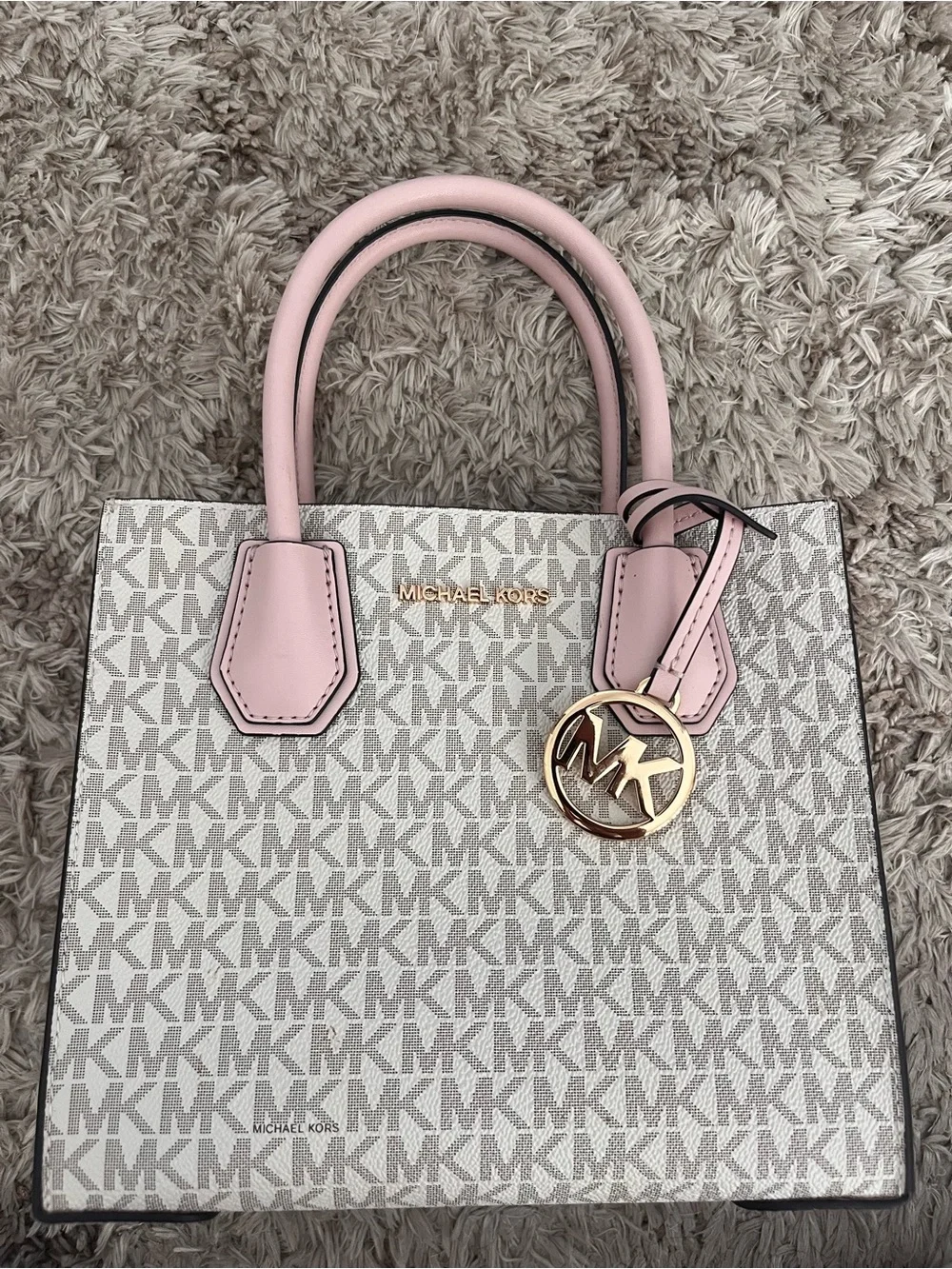 Michael Kors Pink Handle Cream MK Logo Satchel